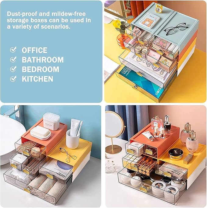 2PACK Stackable Desktop Storage Organizer Plastic Desk Organizer with Drawer Stacking Drawer for Pantry, Locker, Makeup, Vanity, Garage and Small Organization(M - 1 Drawer, Cream White)