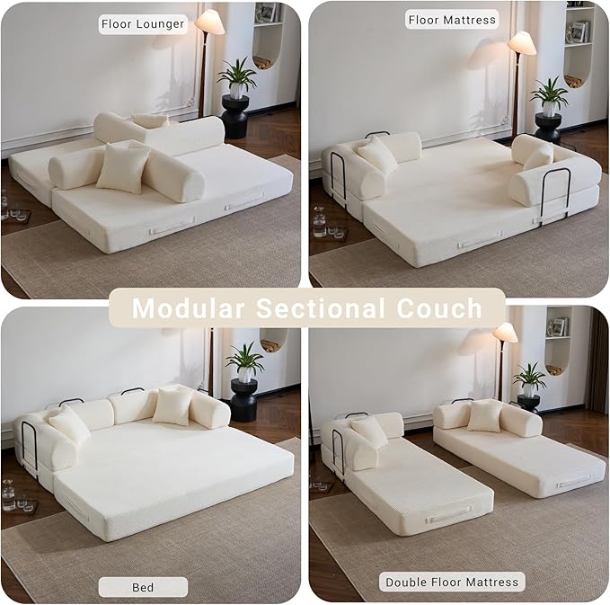 Compressed Sofa, Convertible Sofa Bed, Corduroy Compression Boneless Couch with Pillow, Comfy Modular Foldable Floor Sleeper Sofa for Bedroom, Living Room, Lounge, Studio (White)