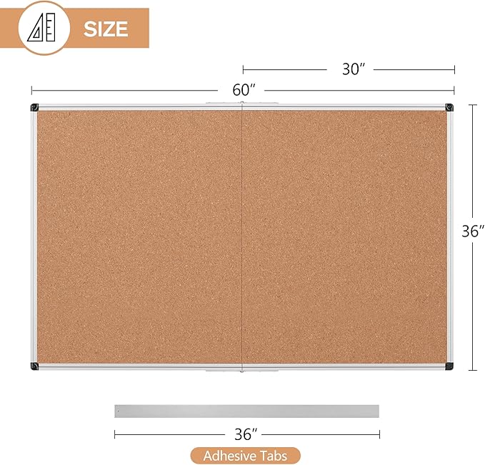 Board2by Extra Large Cork Bulletin Board 60" X 36", Foldable Notice Pin Board for Wall, Silver Aluminum Framed 5'x3' Corkboard, Wall Mounted Noticeboard with 36 Push Pins for School, Home & Office