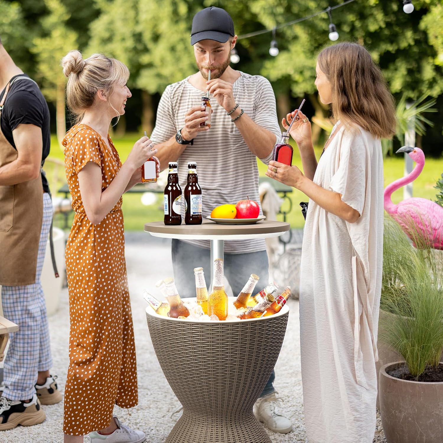 Outdoor Cooler Side Table,Outdoor Cooler Table, Height-Adjustable Outdoor Cool Bar w/ 8 Gallon Beer and Wine Cooler, All-Weather Resistant Patio Cooler Ice Cool Bar for Deck Pool Party (Coffee)