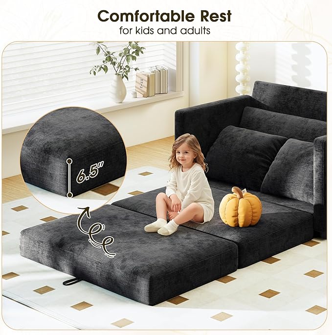 51" Convertible Loveseat Sofa Bed, 2-in-1 Folding Sofa Bed with 2 Pillow for Small Spaces, Modern Loveseat Sleeper Couch for Apartment, Living Room & Guest Room (Chenille Black, 51 inch)