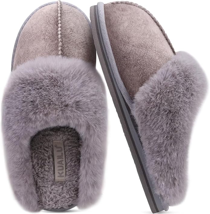 KuaiLu Womens Fluff Dual Memory Foam Slippers Ladies Cozy Arch Support Warm Scuff Slippers Slip on Comfy Winter House Shoes with Non-Slip Indoor Outdoor Hard Sole