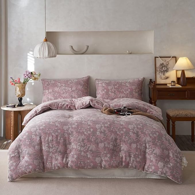 MKXI Double Layer Muslin Cotton Comforter Set Farmhouse Old Pink Floral Comforter Full Size Shabby Chic Bedding Comforter Set Soft Breathable French Country Bed Comforter for All Season