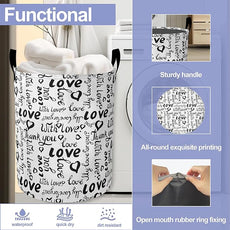 Laundry Basket,Black White Love Large Canvas Fabric Lightweight Storage Hamper Organizer Dirty Clothes Collapsible Waterproof for College Dorms,Bathroom