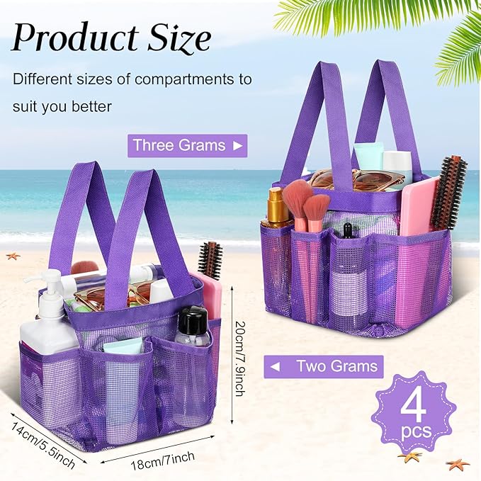 Hillban 4 Pcs Mesh Shower Caddy Portable Large Quick Dry Shower Caddy Basket with Deeper 8 Pockets and 2 Handles Hanging Bag for College Dorm Room (Purple)