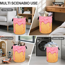 Pink Ice Cream Laundry Basket Foldable Oxford Cloth Tote Bag Laundry Hamper Clothes Storage Bucket Organizer For Bathroom/Laundry Storage/Bedroom 19.6x15.7 Inch