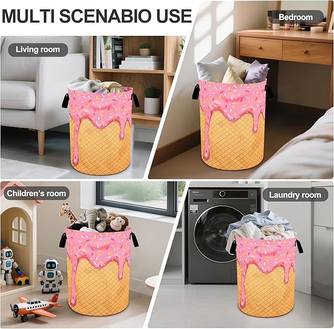 Pink Ice Cream Laundry Basket Foldable Oxford Cloth Tote Bag Laundry Hamper Clothes Storage Bucket Organizer For Bathroom/Laundry Storage/Bedroom 19.6x15.7 Inch