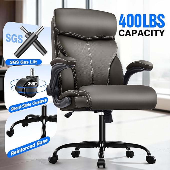 Office Chair - Executive High Back Breathable Comfy Desk Chair with Lumbar Support - Ergonomic Leather Rolling Swivel Computer Chair with Rock Function for Working Studying Gaming Relaxing