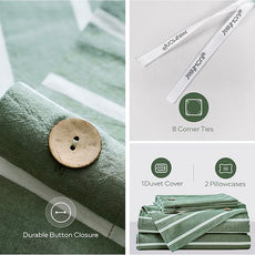 JELLYMONI Cotton Duvet Cover Cal King Size - Green Striped Comforter Cover with Button 100% Washed Cotton 3PCS Breathable Soft Bedding Set Duvet Cover 104×98in & 2 Pillowcases (NO Comforter)
