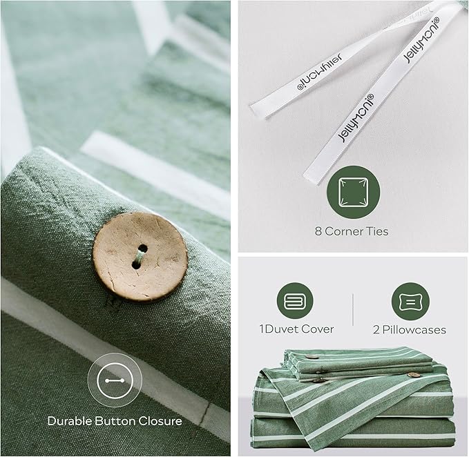 JELLYMONI Cotton Duvet Cover Full Size - Green Striped Comforter Cover with Button 100% Washed Cotton 3PCS Breathable Soft Solid Bedding Set Duvet Cover 80×90in & 2 Pillowcases (NO Comforter)