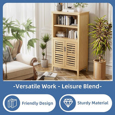 HITNET Bathroom Cabinet Freestanding, Bamboo Storage Cabinet 5-Tier Floor Cupboard with Door and Shelf for Bathroom, Kitchen, Hallway, Natural