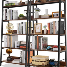 Himimi Ladder Bookshelf, 5 Shelf Bookcase Industrial Bookshelf Wood and Metal Bookshelves, Plant Flower Stand Rack Book Storage Shelves for Living Room, Bedroom, Home Office (2 PCS)