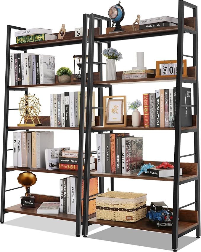 Himimi Ladder Bookshelf, 5 Shelf Bookcase Industrial Bookshelf Wood and Metal Bookshelves, Plant Flower Stand Rack Book Storage Shelves for Living Room, Bedroom, Home Office (2 PCS)