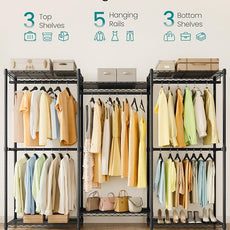 SONGMICS Heavy-Duty Clothes Rack, Garment Rack, Portable Closet, 86.4-Inch Wide Clothing Rack with Adjustable Mesh Shelves and Hanging Rails, Ink Black ULGR434B01