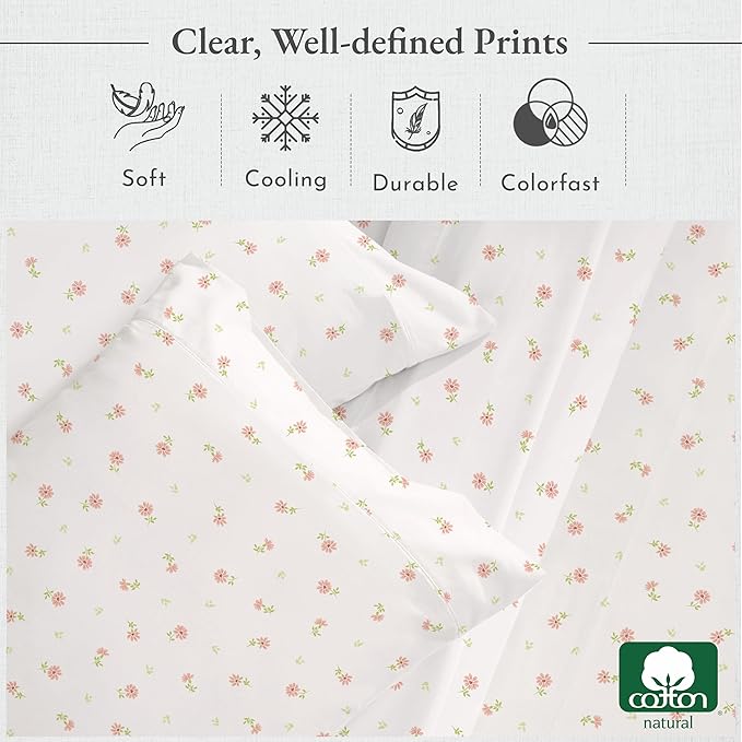 California Design Den Queen Sheet Set - 400 Thread Count Sateen, Natural 100% Cotton Sheets, Deep Pocket and Durable Bedding - Soft Floral CaliforniaDesignDen