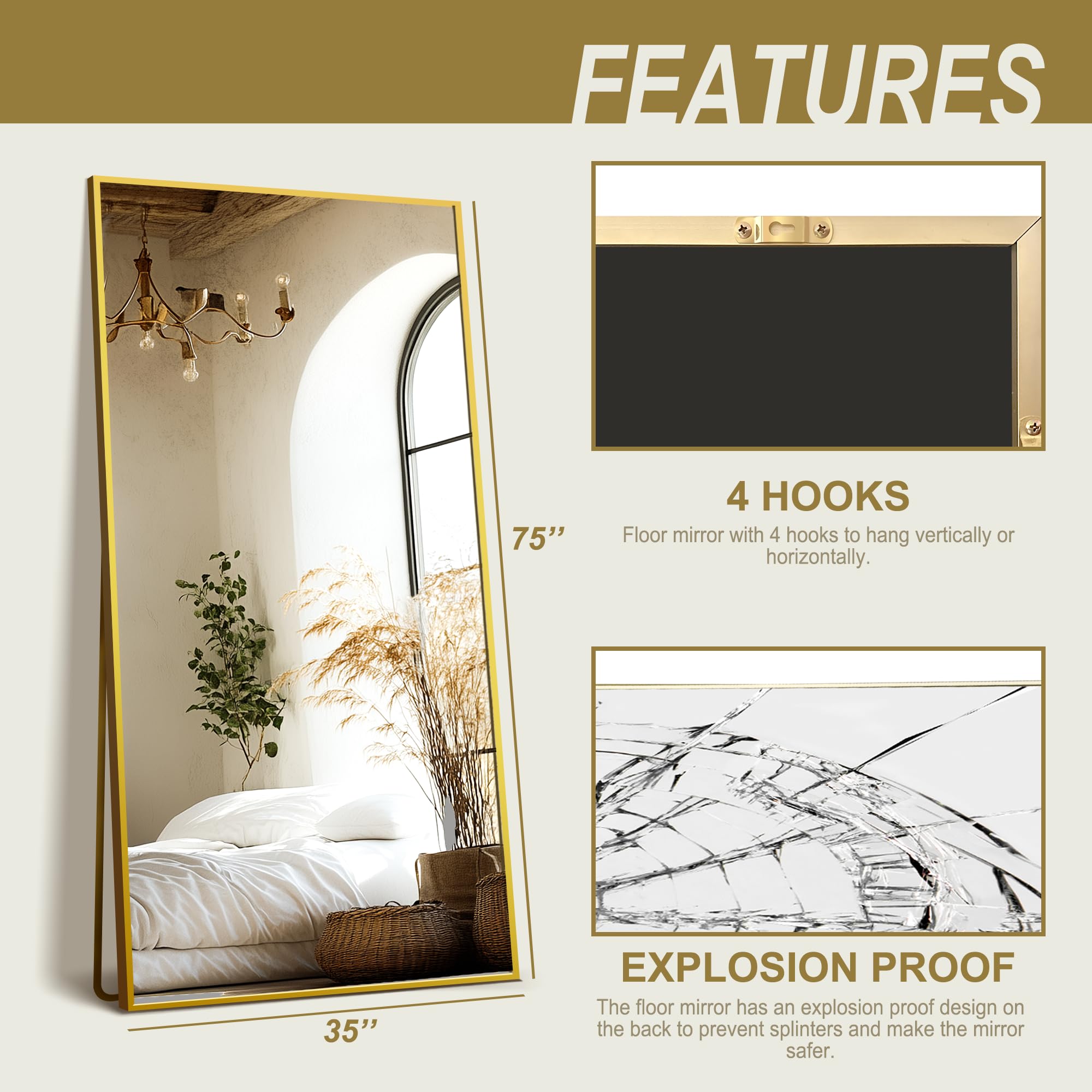 Delma Wall Full Length Mirror,Standing Mirror Full Body,Large Floor for Wall Door Bedroom Bathroom Living Room with Aluminium Frame(with Stand,56x15-Black) Dormly