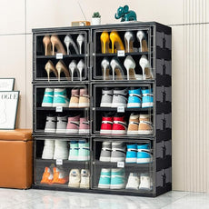JEKO&JEKO 6 Tiers Foldable Shoe Rack Organizer Cabinet for Closet Entryway, Large Collapsible Shoe Storage Box with Magnetic Doors (Black)