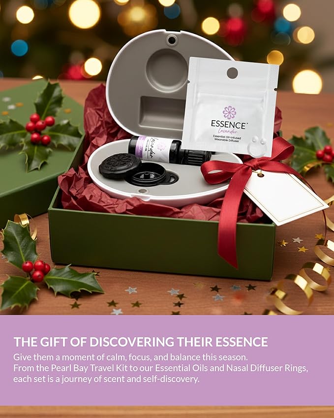 Essence Pearl Travel Case - Wearable Aromatherapy Kit with Nasal Diffuser Rings, Soaking Bay, and 5mL Essential Oil – Portable Wellness Gift Set for On?The?Go Self Care