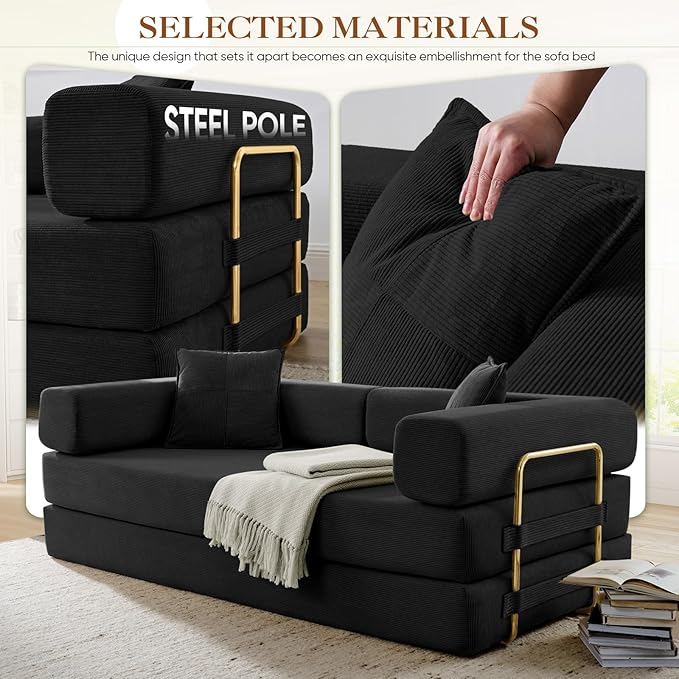 Antetek Convertible Futon Sofa Bed, 3-Seater Modern Corduroy Foam Floor King Size Bed Fold Out Sleeper Lounge Loveseat Sofa Couch with 2 Throw Pillows for Living Room Bedroom Guest Room, Black