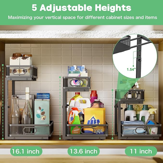 Under Sink Organizer, High Adjustable 2 Tier Under Sink Organizers and Storage, Slide Out Metal Cabinet Organizers, Pull Out Sink Storage Drawer Shelf for Kitchen Bathroom Cabinet, Black, 1 Pack