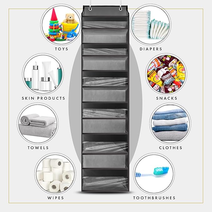 HOMELUX THEORY UPGRADED Over The Door Organizer Hanging - 100D EXTRA THICK & 50lbs HUGE CAPACITY 6 Large Front & 12 Side Pockets, Over The Door Shoe Organizer, Hanging Closet Organizer (DarkGray, 1pc)