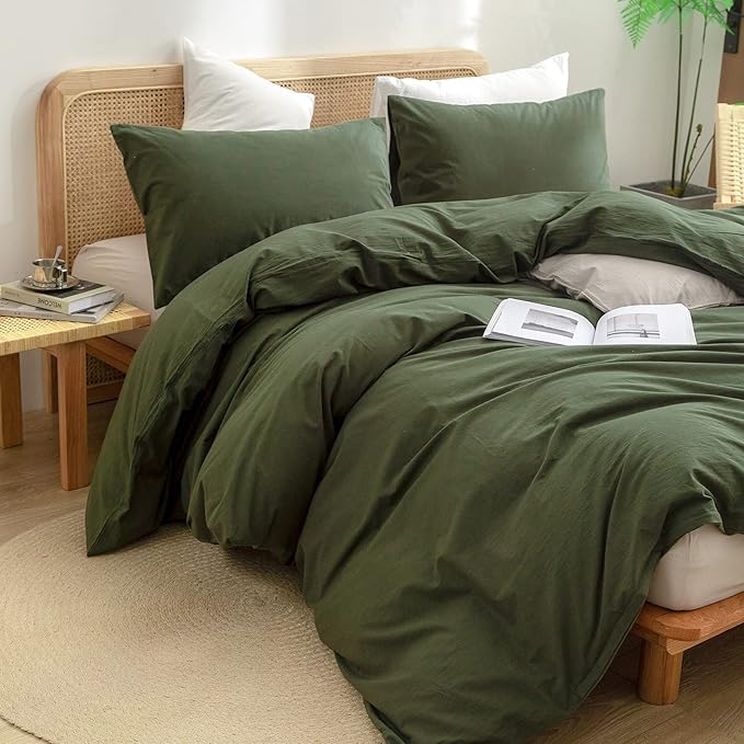 BESTOUCH Duvet Cover Set 100% Washed Cotton Linen Feel Super Soft Comfortable Chic Lightweight 3 PCs Home Bedding Set Solid Olive Green Oversized Queen