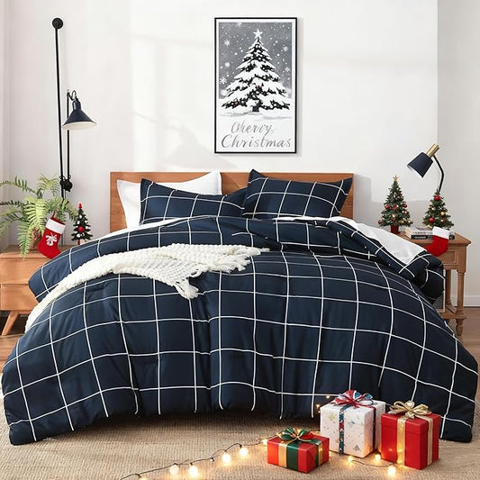 Andency Navy Plaid Comforter Queen(90x90Inch), Dark Blue Grid Gingham Buffalo Plaid Bed Set for Boys Kids Teens, 3 Pieces Lightweight Microfiber Geometric Preppy Bedding