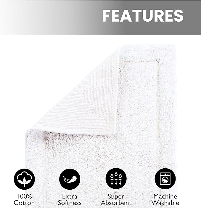 voyzz home Cotton Bathroom Bath Mat Rug White 20" x 32 Extra Soft, Non-Slip, Super Water Absorbent and Machine Washable for Bathroom, Floor, Tub & Shower