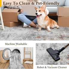 10x14 Washable Area Rug Grey Rust Abstract Living Room Bedroom Carpet Neutral Modern Non-Slip Soft Low Pile Lightweight Vacuumable Large Throw Rug for Dining Room