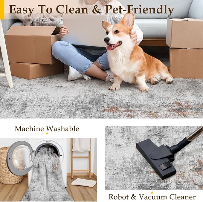 10x14 Washable Area Rug Grey Rust Abstract Living Room Bedroom Carpet Neutral Modern Non-Slip Soft Low Pile Lightweight Vacuumable Large Throw Rug for Dining Room