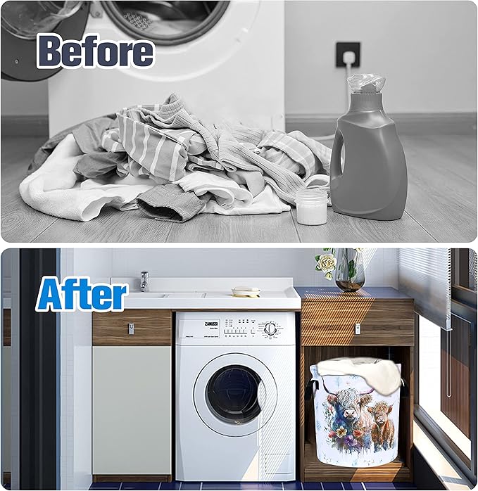 Highland Cow Laundry Basket Cattle Animal Foldable Oxford Cloth Funny Tote Bag Laundry Hamper Clothes Storage Bucket Organizer For Bathroom/Laundry Storage/Bedroom 17.7x13.7 Inch