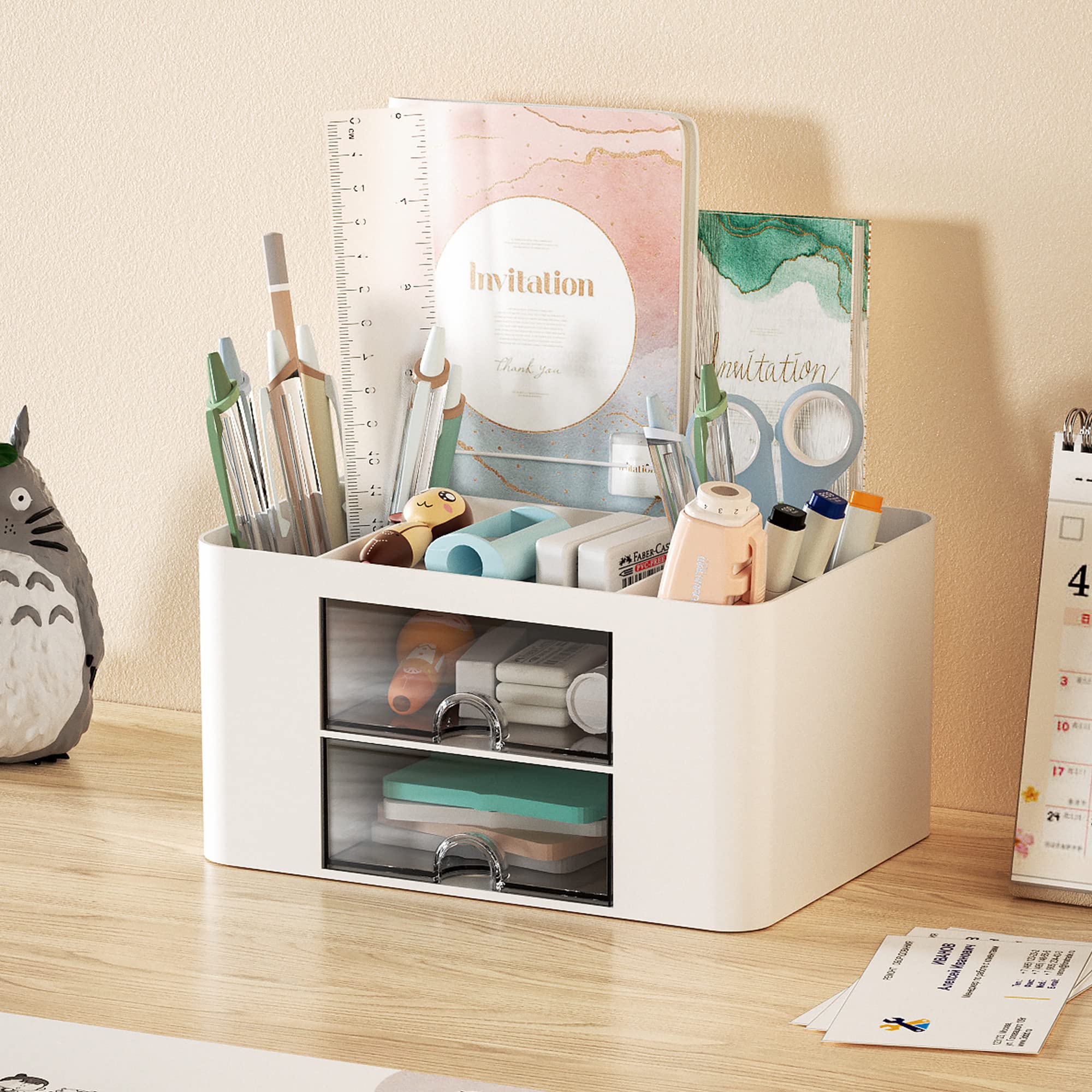 Marbrasse Pen Organizer with 2 Drawer, Multi-Functional Pencil Holder for Desk, Desk Organizers and Accessories with 5 Compartments + Drawer for Office Art Supplies (Blue) Dormly