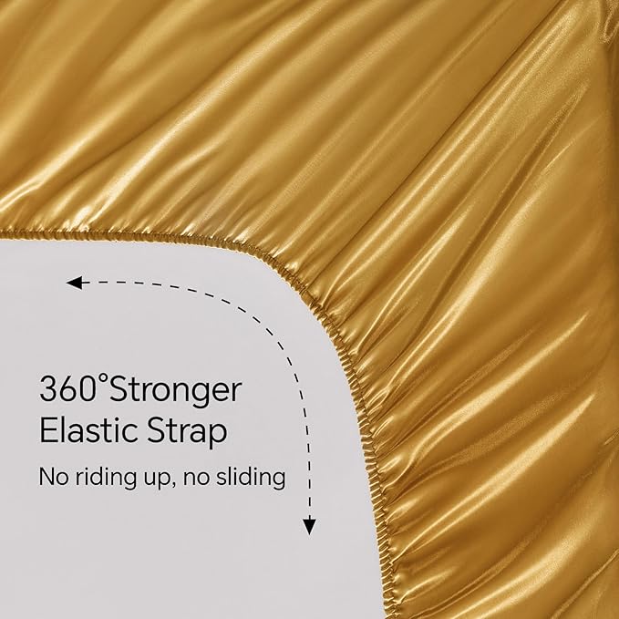 BEDELITE Satin Sheets Queen Size Bed Set, Luxury Soft Gold Silky Sheets for Hair and Skin, Similar to Silk Bed Sheets Set 4 Pieces with 1 Deep Pocket Fitted Sheet, 1 Flat Sheet, and 2 Pillowcases