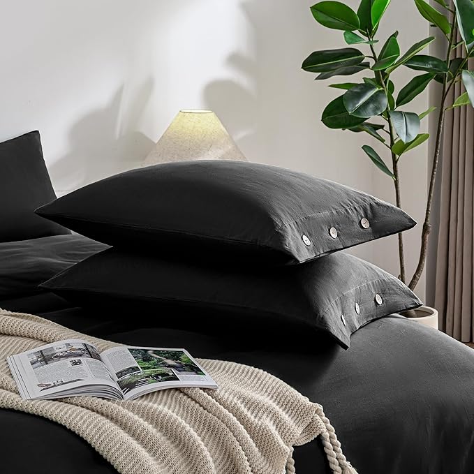 JELLYMONI Pure Black 100% Washed Cotton King Pillowcases Set, 2 Pack Luxury Soft Breathable Pillow Covers with Button Closure(Pillows are not Included) (Standard(20"×26"), Pure Black)