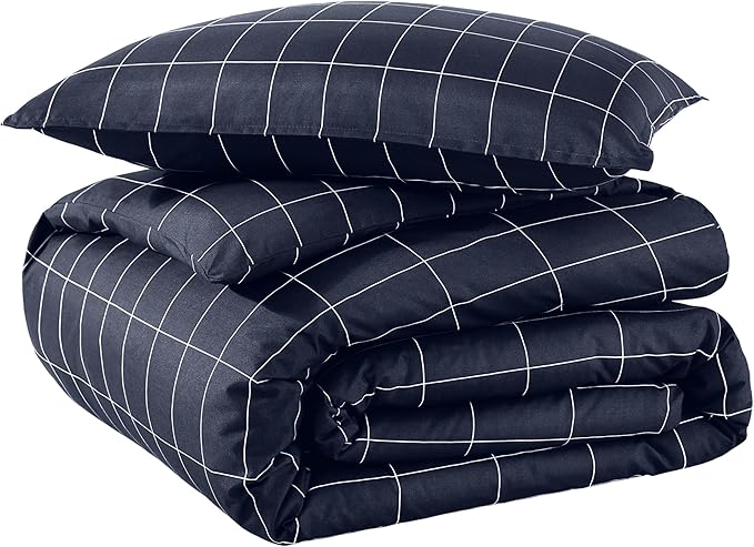 Bare Home Bedding Duvet Cover Extra Long Size - Premium 1800 Super Soft Collection - Lightweight - Soft Textured Bedding (Twin/Twin XL, Grid - Midnight Blue/White)