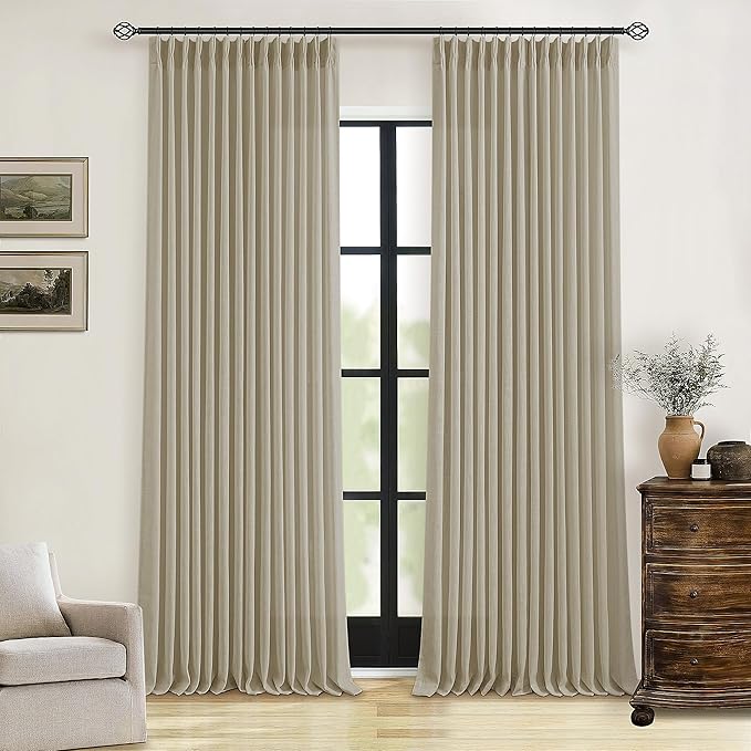 Thick Linen Khaki Taupe Curtains 96 Inches Long for Living Room Bedroon Pinch Pleated Drapes with Hooks Rings Back Tab Light Filtering Burlap Farmhouse Ceiling Custom Made Memory Trained Curtain