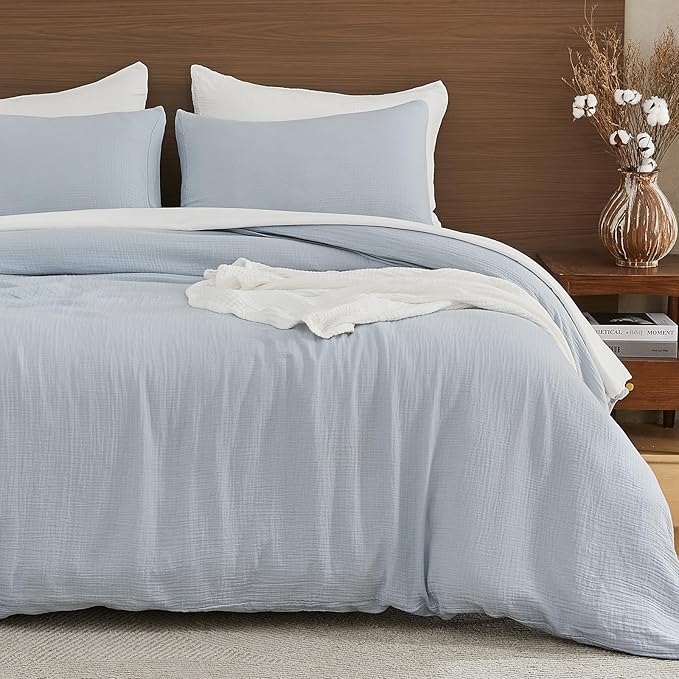 EMME Muslin Cotton Duvet Cover Set Blue King Size Linen Like Soft Breathable Lightweight Summer Comforter Cover Set with Zipper Closure (Blue, King, 104"x90")