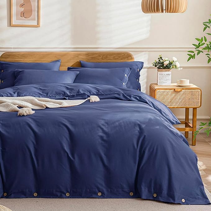 JELLYMONI Cotton Duvet Cover King Size - Navy Blue Comforter Cover with Button 100% Washed Cotton 3PCS Breathable Soft Solid Bedding Set Duvet Cover 104×90in & 2 Pillowcases (NO Comforter)
