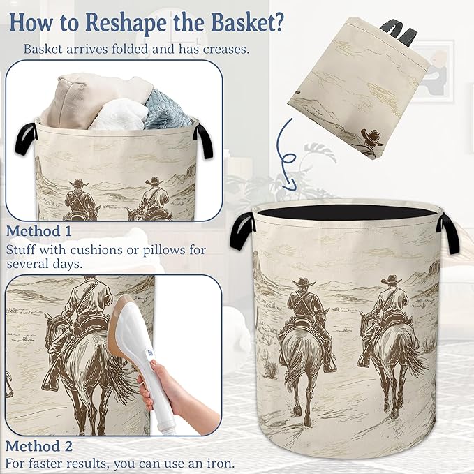 Western Cowboy Laundry Hamper With Handle,Foldable Oxford Cloth Horse Desert Laundry Basket,20.8"x16" Clothes Storage Basket for Laundry Room/Bedroom/Bathroom