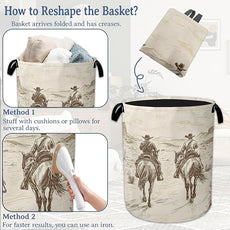 Western Cowboy Laundry Hamper With Handle,Foldable Oxford Cloth Horse Desert Laundry Basket,20.8