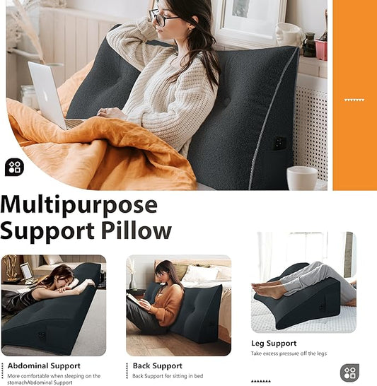 14 lbs Thickened Wedge Pillow Headboard Body Positioner Bed Wedge Pillow Backrest Support Triangular Headboard Pillow for Sleeping with Side Pocket Velvet Positioning Support Deep Grey King