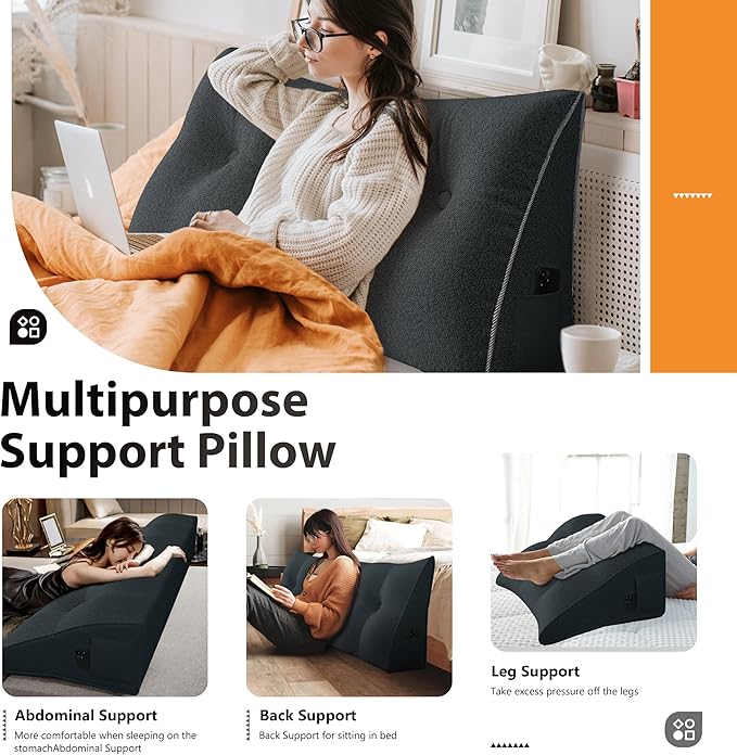 11 lbs Thickened Wedge Pillow Headboard Body Positioner Bed Wedge Pillow Backrest Support Triangular Headboard Pillow for Sleeping with Side Pocket Velvet Positioning Support Deep Grey Queen