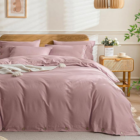 JELLYMONI Cotton Duvet Cover King Size - Pink Comforter Cover with Button 100% Washed Cotton 3PCS Breathable Soft Solid Bedding Set Duvet Cover 104×90in & 2 Pillowcases (NO Comforter)