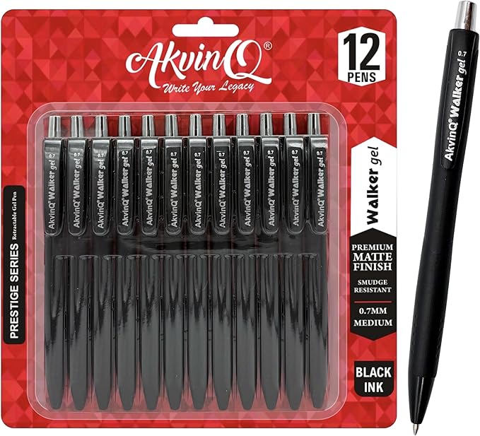 AKVINQ® Walker Gel Pens 12-Pack | 0.7mm Medium Point | Retractable Gel Ink Pen | Premium Matte Finish | Black Ink | Smudge-Resistant | Comfortable Rubber Grip | Office & School Writing (Black)