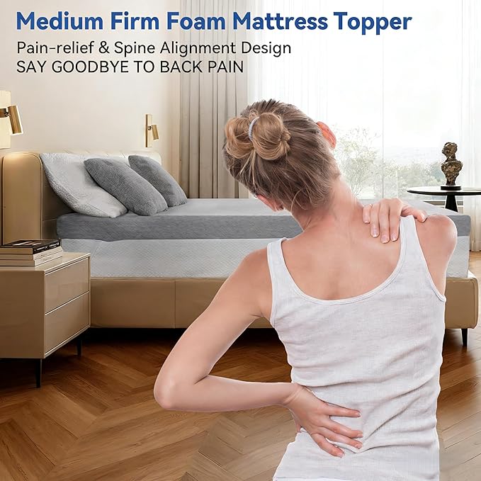 Vipbear Full Size 4 Inch Mattress Topper, Cooling Gel Memory Foam with Bamboo Fiber Cover, Medium Firm Spine Support