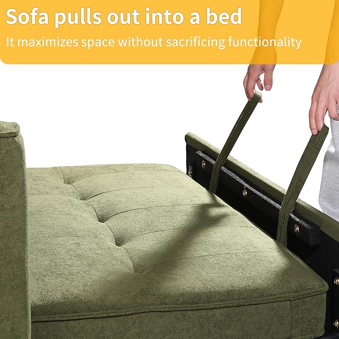 EJUNQ Pull Out Couch, Convertible Sofa Bed with USB and Reclining Backrest, Modern 3 in 1 Sleeper Sofa Couch Bed with Side Pockets, Comfortable Loveseat Sleeper for Small Spaces.(Green)