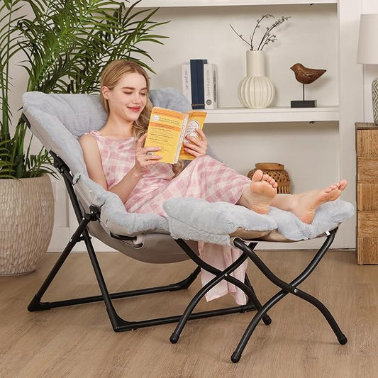 Comfy Saucer Chair for Adults, Soft Faux Fur Bedroom Chair with Ottoman, Accent Dorm Chairs, Living Room Reading Chairs and Footstool, Folding Lounge Seat for Teens, X-Large, Grey