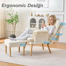 Modern Adjustable Accent Chair with Ottoman, Soft Fabric Reading Chair with Adjustable Backrest and Pillow, Comfy Lounge Chair with Armrests for Living Room, Bedroom, Apartment, Office, Dorm,Beige