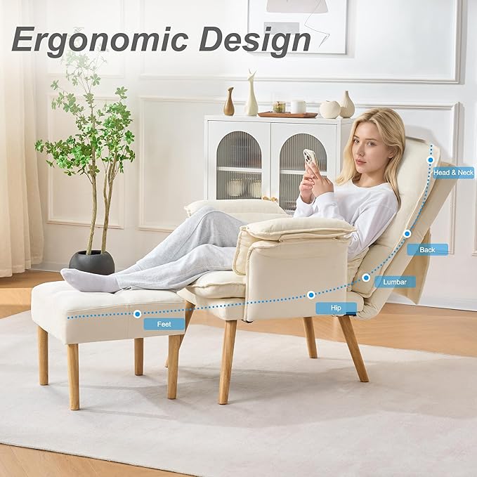 Modern Adjustable Accent Chair with Ottoman, Soft Fabric Reading Chair with Adjustable Backrest and Pillow, Comfy Lounge Chair with Armrests for Living Room, Bedroom, Apartment, Office, Dorm,Beige
