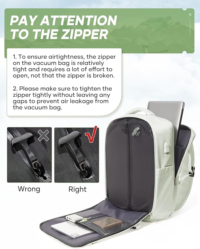 suwasp Vacuum Travel Backpack with Electric Vacpack Pump for Women, 40L Expandable Vacuum Compression Bags Personal Item Backpack Flight Approved Vacuum Seal Backpack for Traveling, White
